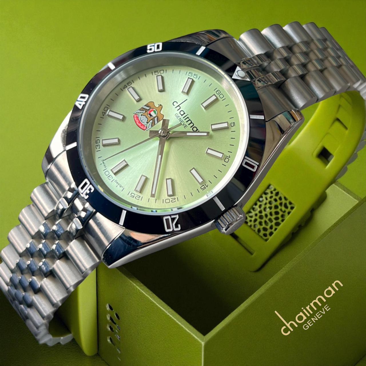 UAE Emblem Chairman Geneve Baby Green Dial Silver Chain Gents Watch