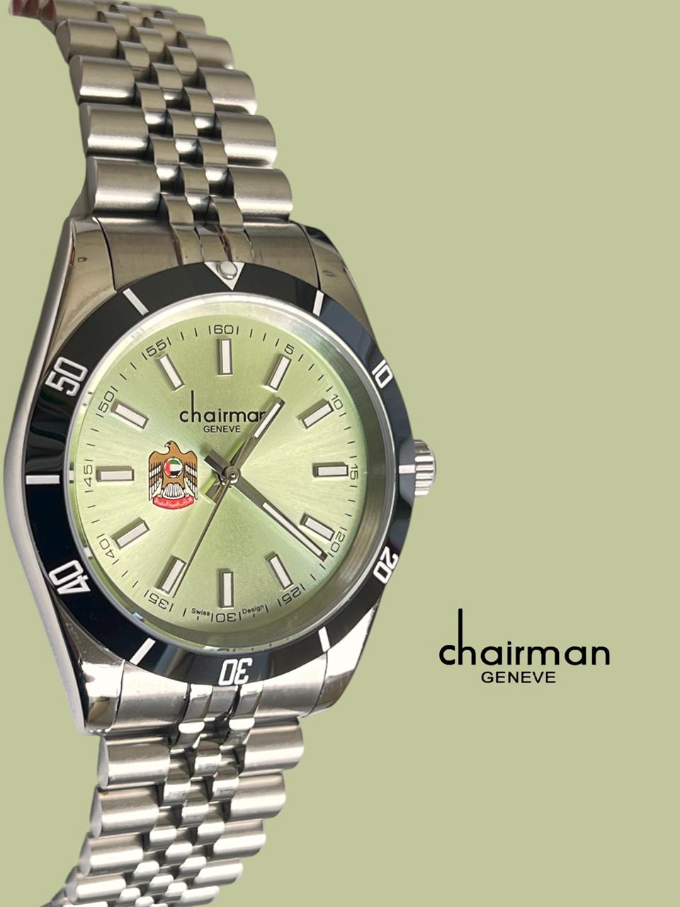 UAE Emblem Chairman Geneve Baby Green Dial Silver Chain Gents Watch