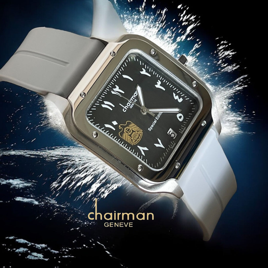 UAE Emblem Chairman Geneve Dated Arabic Black Dial Baby Grey Strap Gents Watch