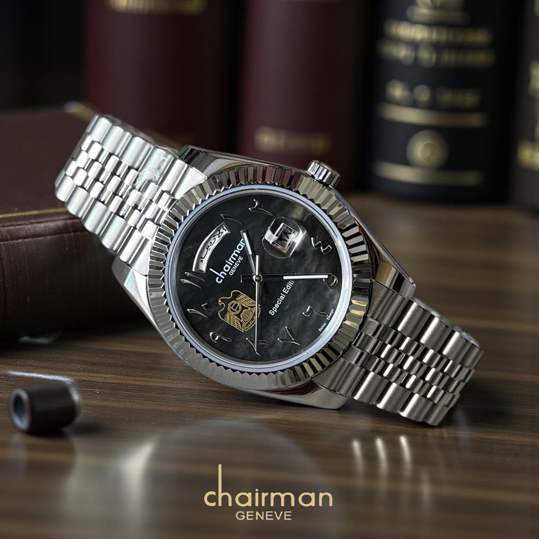 UAE Emblem Chairman Geneve Dated Arabic Black Dial Silver Chain Gents Watch