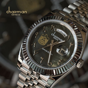 UAE Emblem Chairman Geneve Dated Arabic Grey Dial Silver Chain Gents Watch