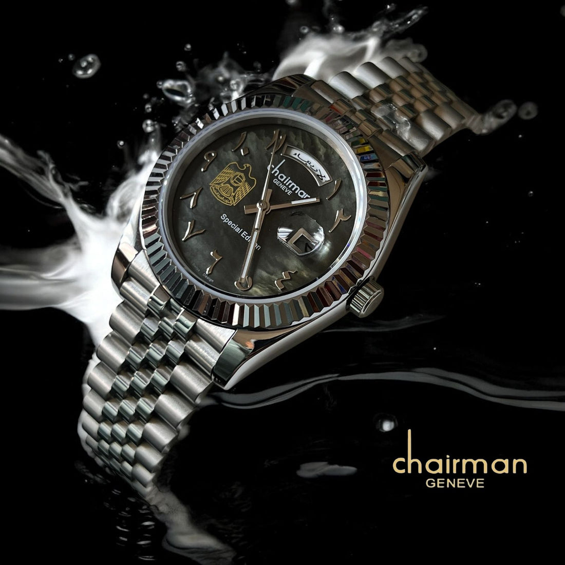 UAE Emblem Chairman Geneve Dated Arabic Grey Dial Silver Chain Gents Watch