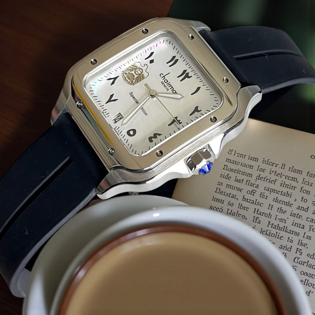 UAE Emblem Chairman Geneve Dated Arabic White Dial Black Strap Gents Watch