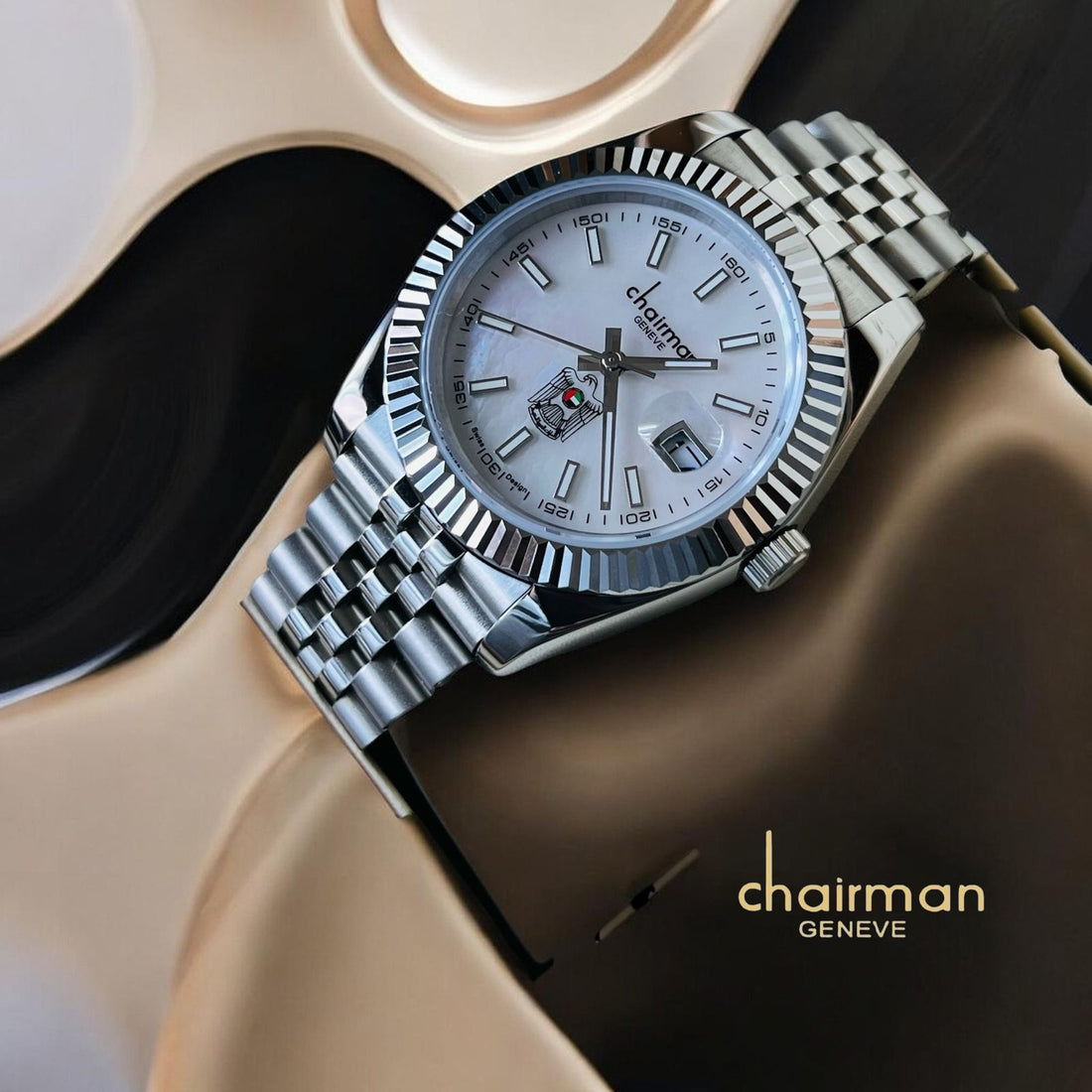 UAE Emblem Chairman Geneve Dated White Dial Silver Chain Gents Watch