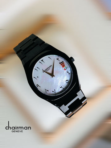 UAE Flag Sheik Chairman Geneve Arabic White Dial Black Chain Gents Watch