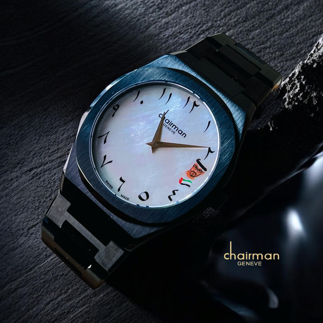 UAE Flag Sheik Chairman Geneve Arabic White Dial Black Chain Gents Watch