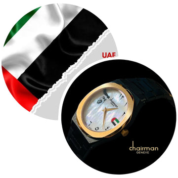 UAE Sheik Flag Chairman Geneve Arabic White Dial Black Chain Gents Watch