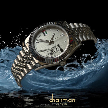 UAE Sheik Flag Photo Chairman Geneve Arabic Baby Grey Dial Silver Chain Gents Watch