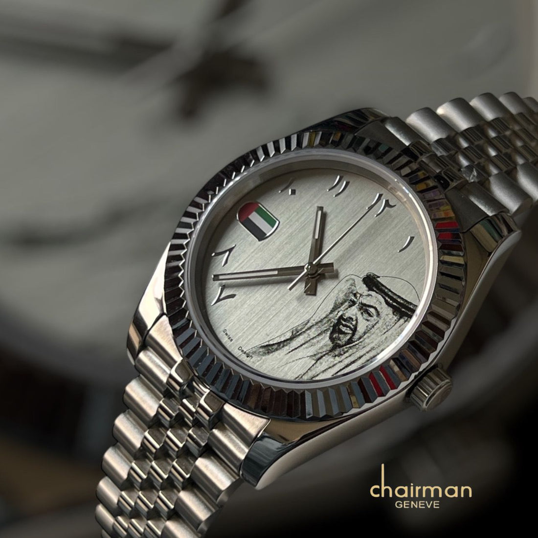 UAE Sheik Flag Photo Chairman Geneve Arabic Baby Grey Dial Silver Chain Gents Watch