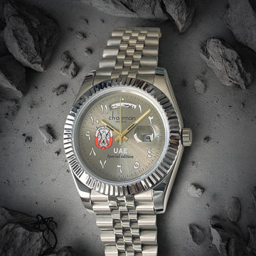 UAE Special Edition Chairman Geneve ABU DHABI Emblem Arabic Grey Dial Silver Chain Gents Watch