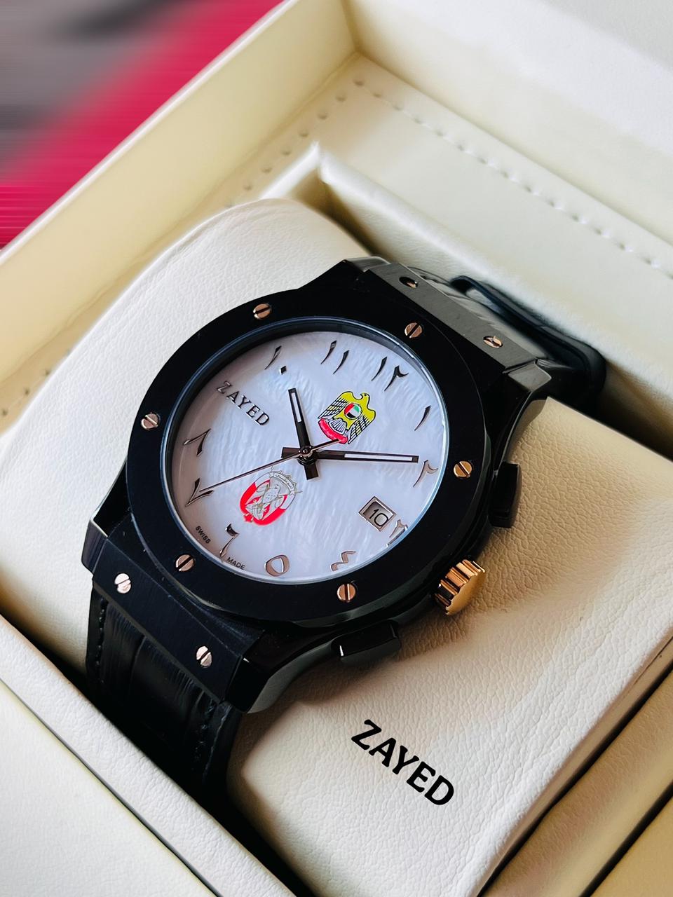 Zayed ABU DHABI And UAE Emblem Dated White Arabic Dial Black Strap Gents Watch
