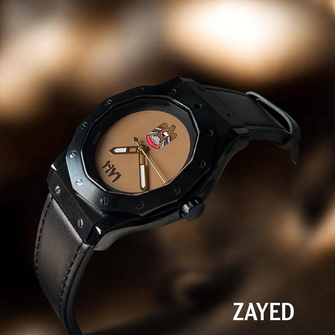 Zayed UAE Emblem Beige Dial Black Strap Gents Watch