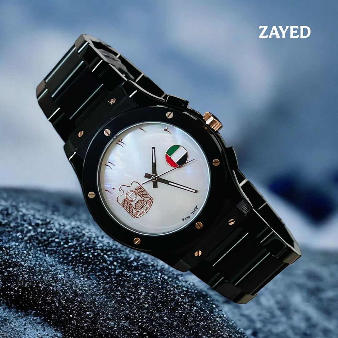 Zayed UAE Flag Emblem Arabic White Dial Black Chain Gents Watch