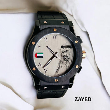 Zayed UAE Flag Sheik Photo Arabic Baby Grey Dial Black Strap Gents Watch