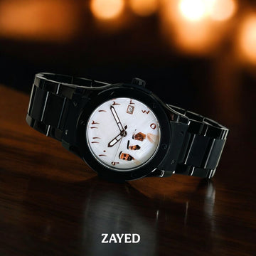 Zayed UAE Sheik Arabic Dated White Dial Black Chain Gents Watch