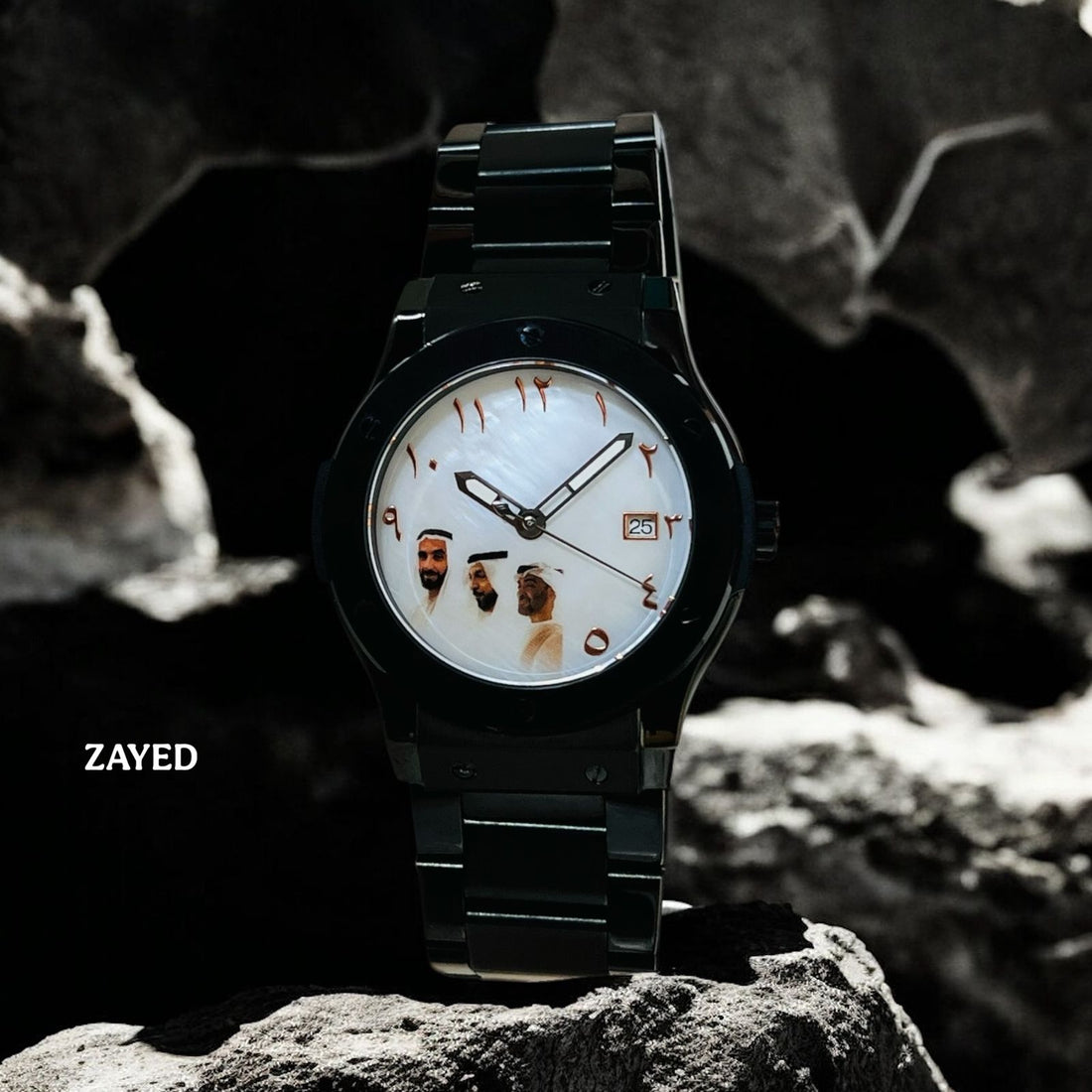 Zayed UAE Sheik Arabic Dated White Dial Black Chain Gents Watch
