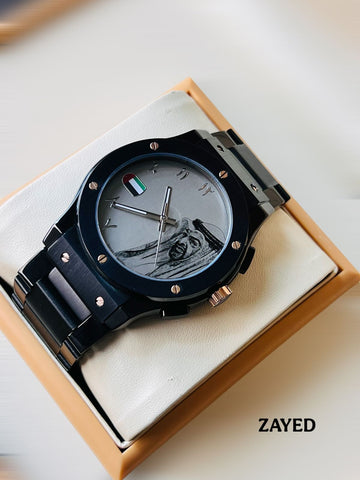 Zayed UAE Sheik Flag Arabic Grey Dial Black Chain Gents Watch