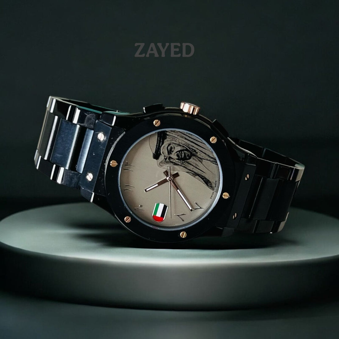 Zayed UAE Sheik Flag Arabic Grey Dial Black Chain Gents Watch